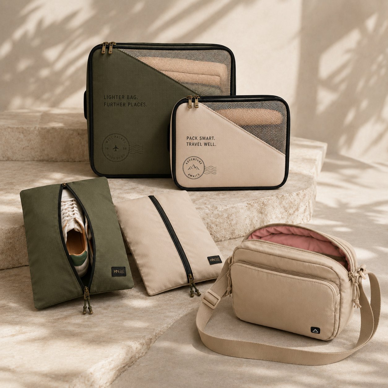Heading North collection — packing cubes, shoe bags, and sling bag